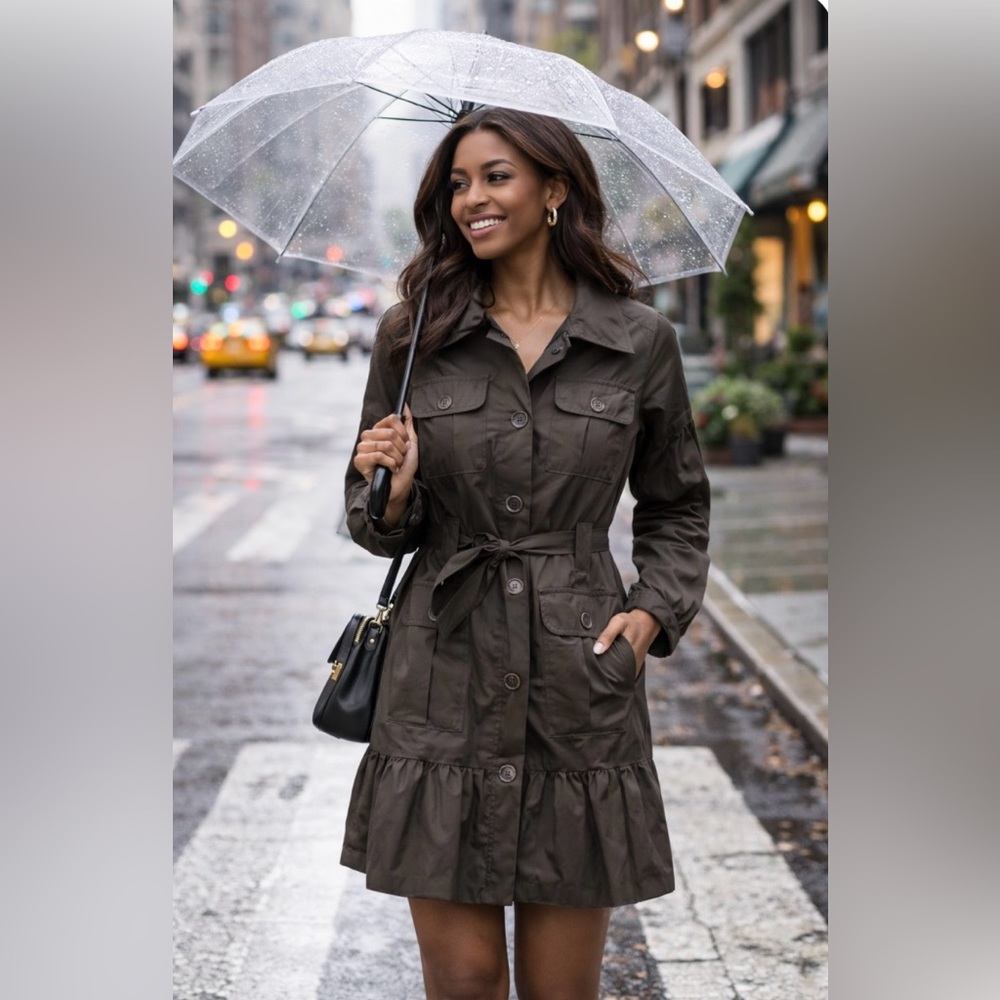 Anthropologie Tulle Chocolate Brown Trenchcoat tiered bottom, size M
